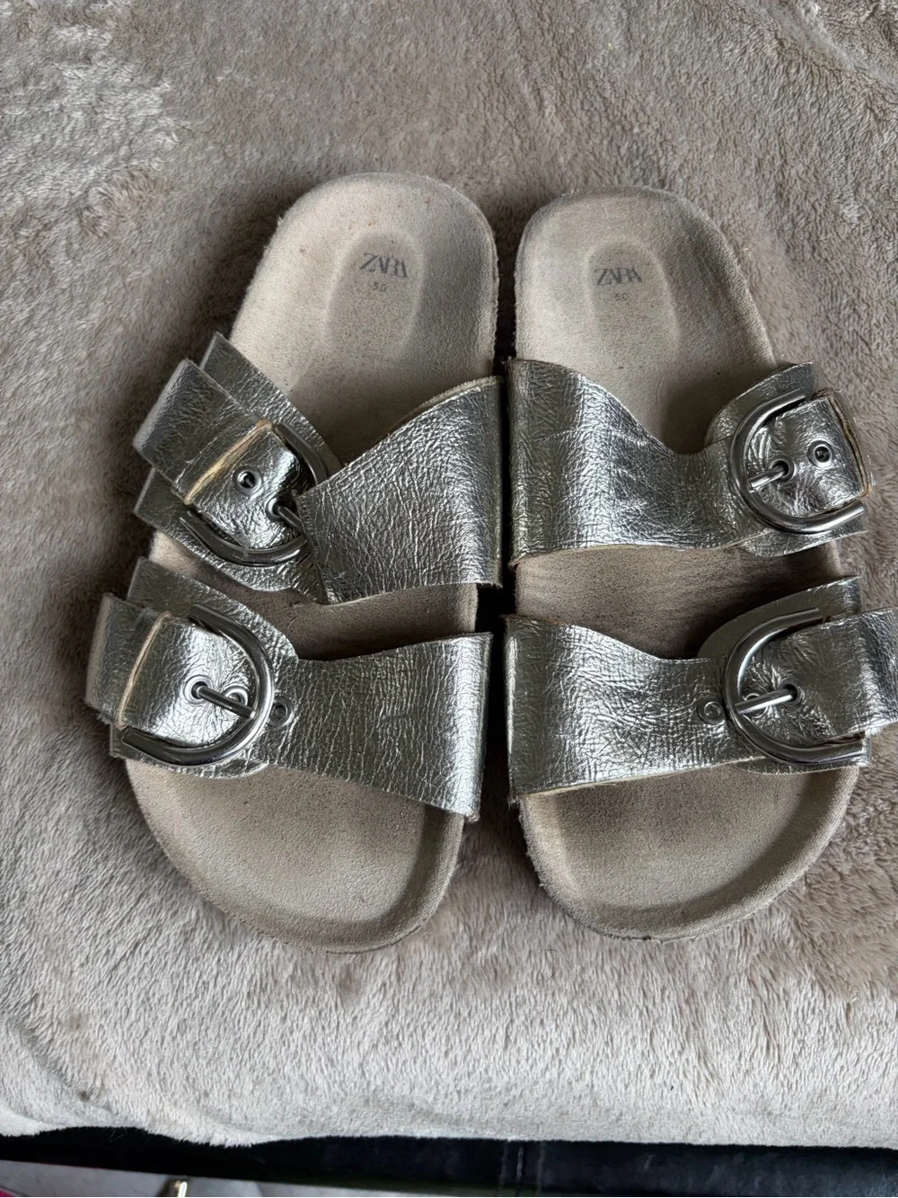 Zara Kids Shiny Silver Double-Buckle Slide Sandals
